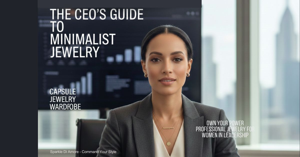 Minimalist gold jewelry worn by a female CEO in a professional boardroom setting, showcasing a professional jewelry capsule wardrobe.