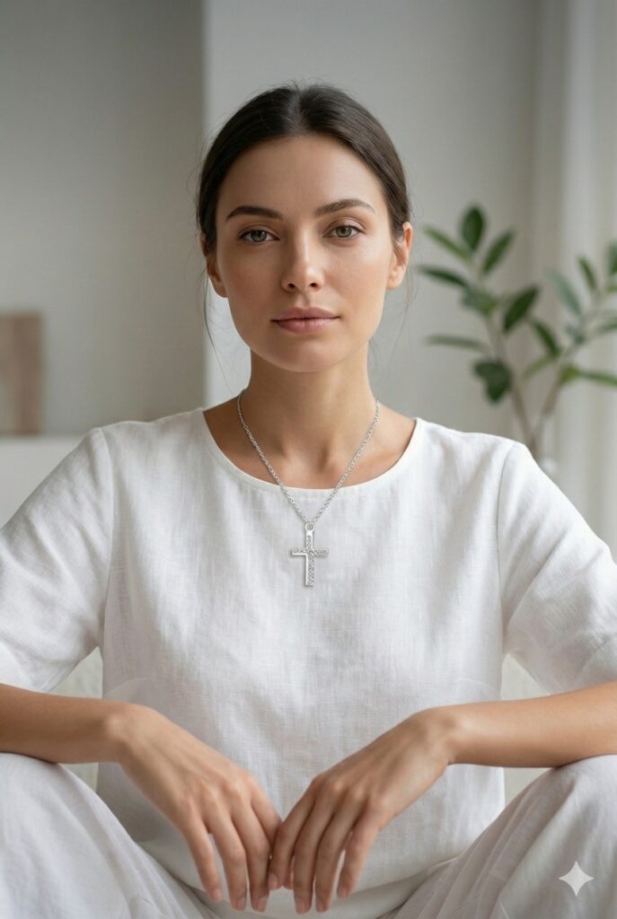 Woman wearing a simple, elegant sterling silver cross necklace embedded with sparkling cubic zirconia stones.