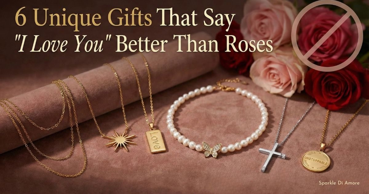 Comparison of 6 meaningful necklaces versus red roses. Features SparkleDiAmore Gold Goddess layered set, Starburst pendant, Love script necklace, Pearl Butterfly choker, Silver Cross, and Unstoppable coin pendant.