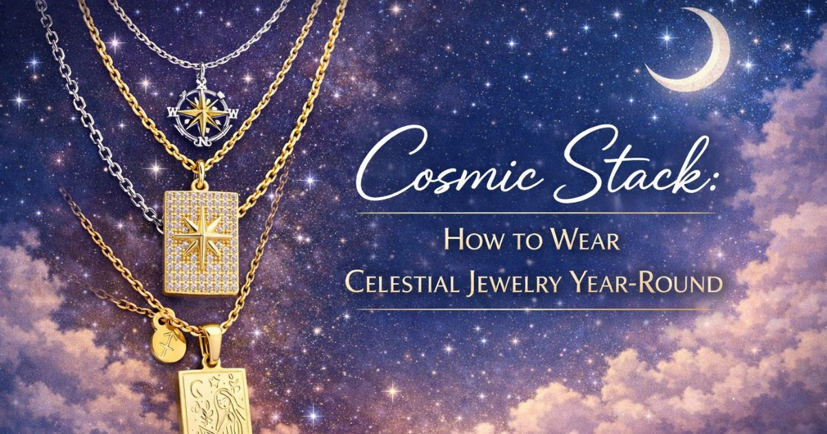 Layered celestial jewelry featuring gold starburst, North Star compass pendant, and Sagittarius zodiac charm against a dreamy cosmic sky background
