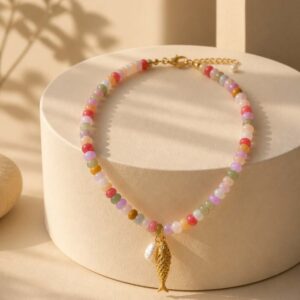 14K gold fish necklace with colorful gemstone beads and pearl charm for women boho coastal jewelry