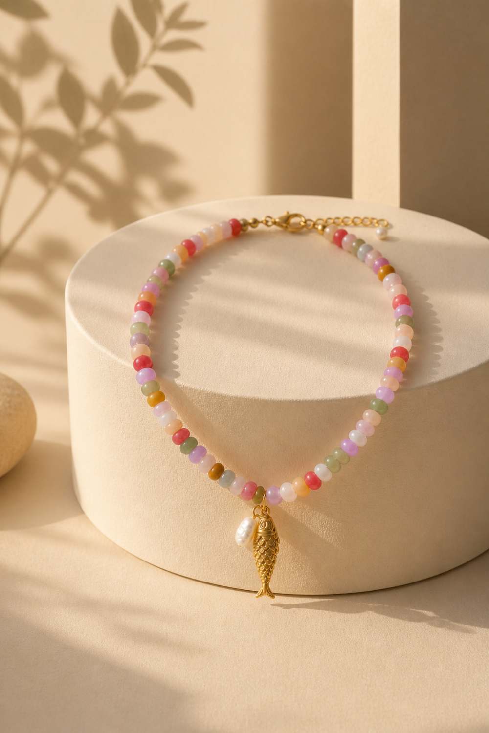 14K gold fish necklace with colorful gemstone beads and pearl charm for women boho coastal jewelry