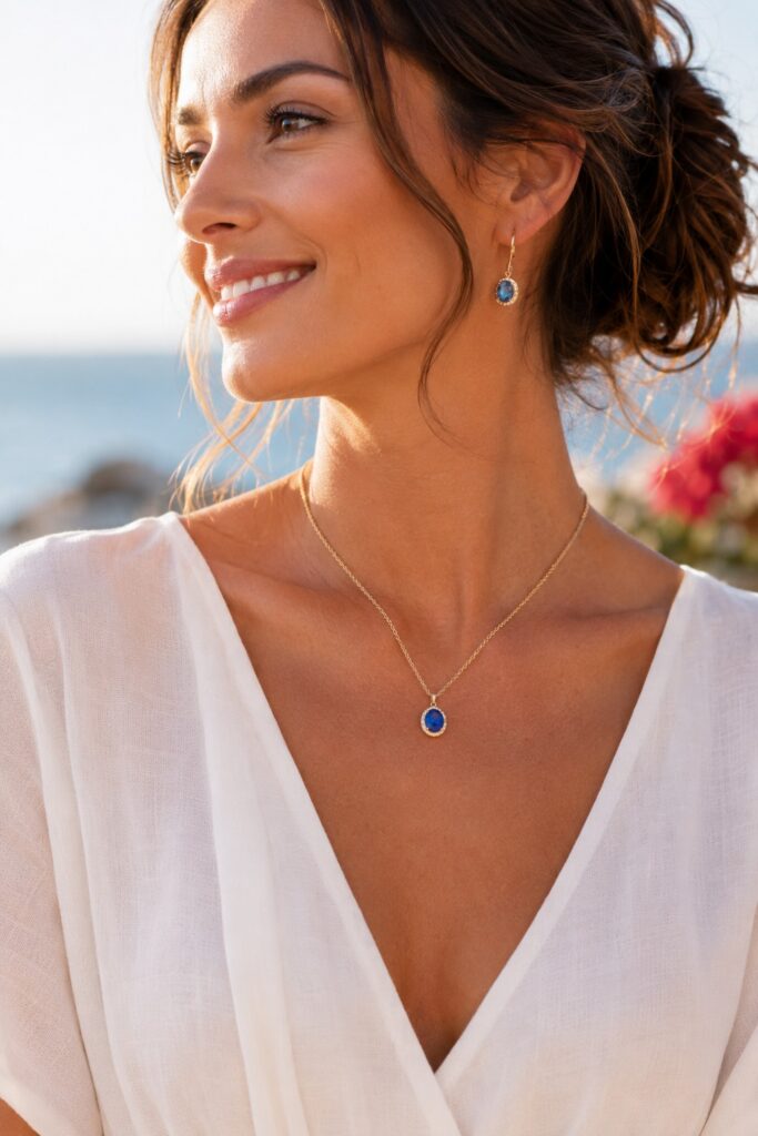 Elegant blue pendant necklace and earrings styled with a white summer outfit for Fourth of July
