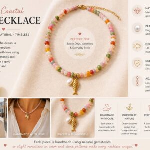 14K Gold Fish Necklace with Pearl – Colorful Gemstone Beaded Necklace, Boho Coastal Jewelry for Women, Adjustable Summer Necklace