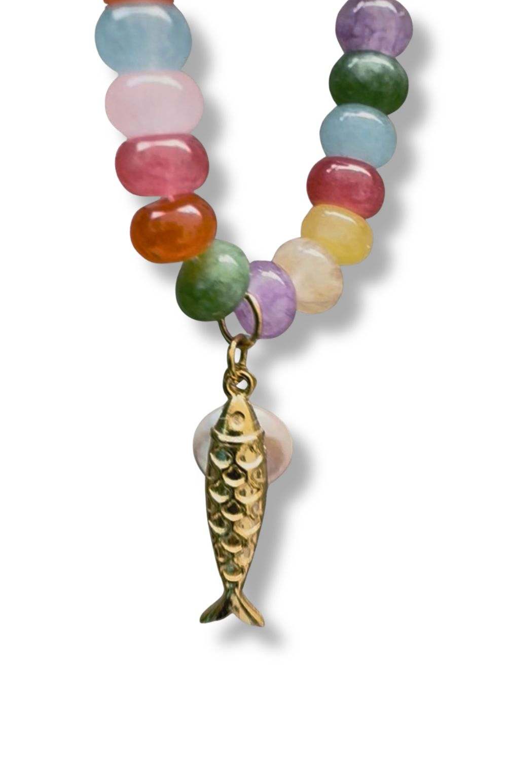 colorful gemstone beaded necklace with gold fish charm and pearl accent close up boho jewelry