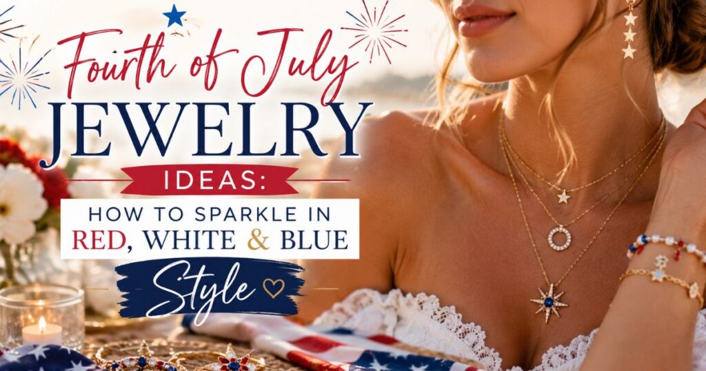Fourth of July jewelry ideas with layered necklaces and red, white and blue accessories