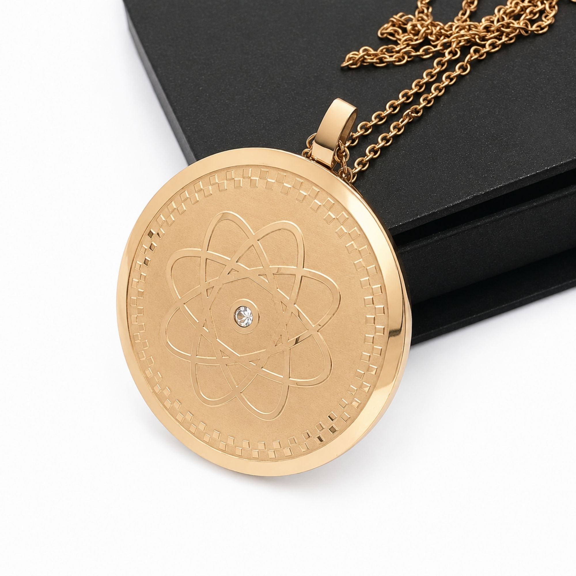 Gold Scalar Energy Pendant Necklace angled view showing crystal centerpiece and polished stainless steel finish