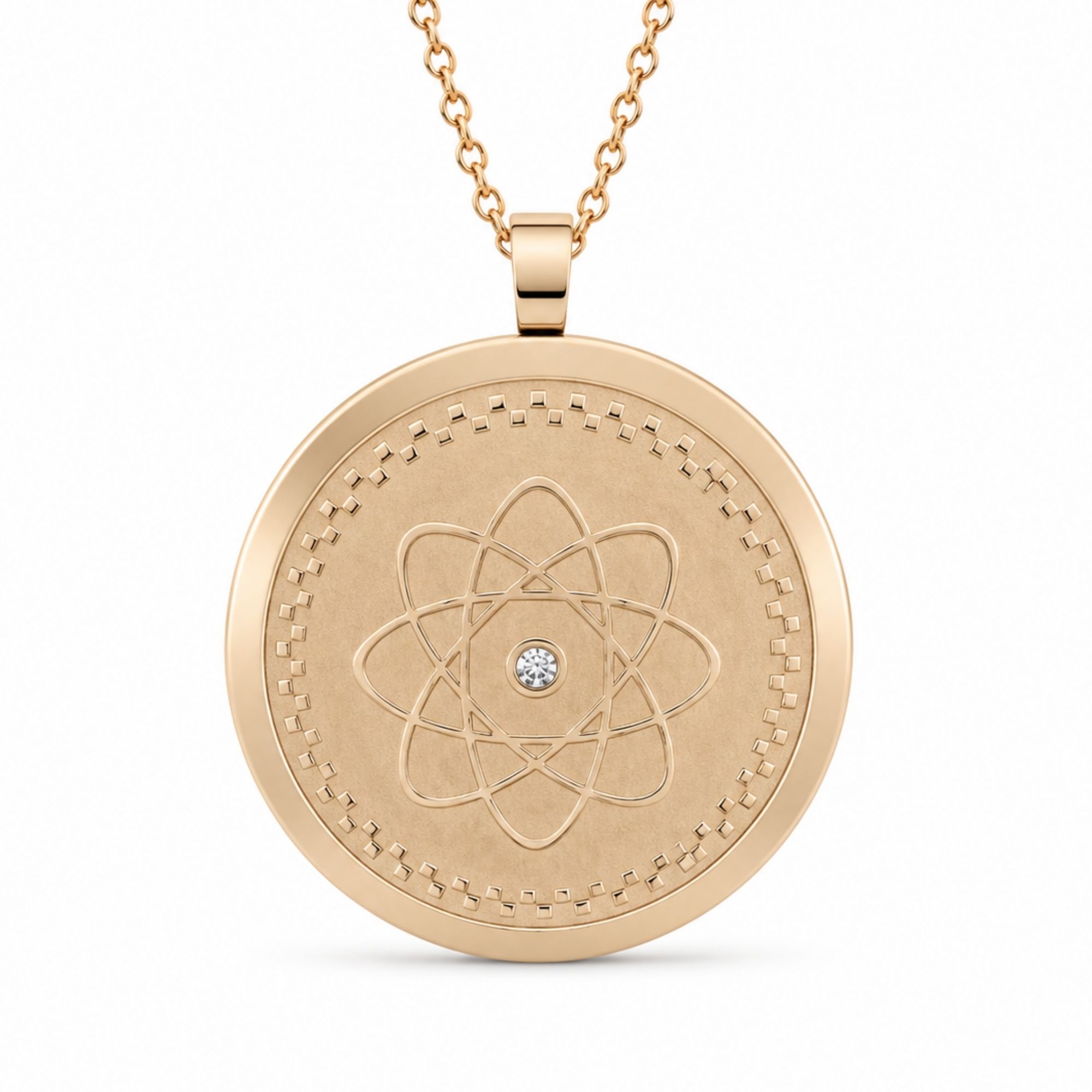 Gold Scalar Energy Pendant Necklace front view with crystal centerpiece and geometric design