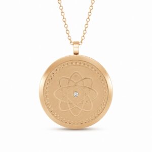 Front view of Gold Scalar Energy Pendant Necklace with crystal centerpiece and stainless steel chain