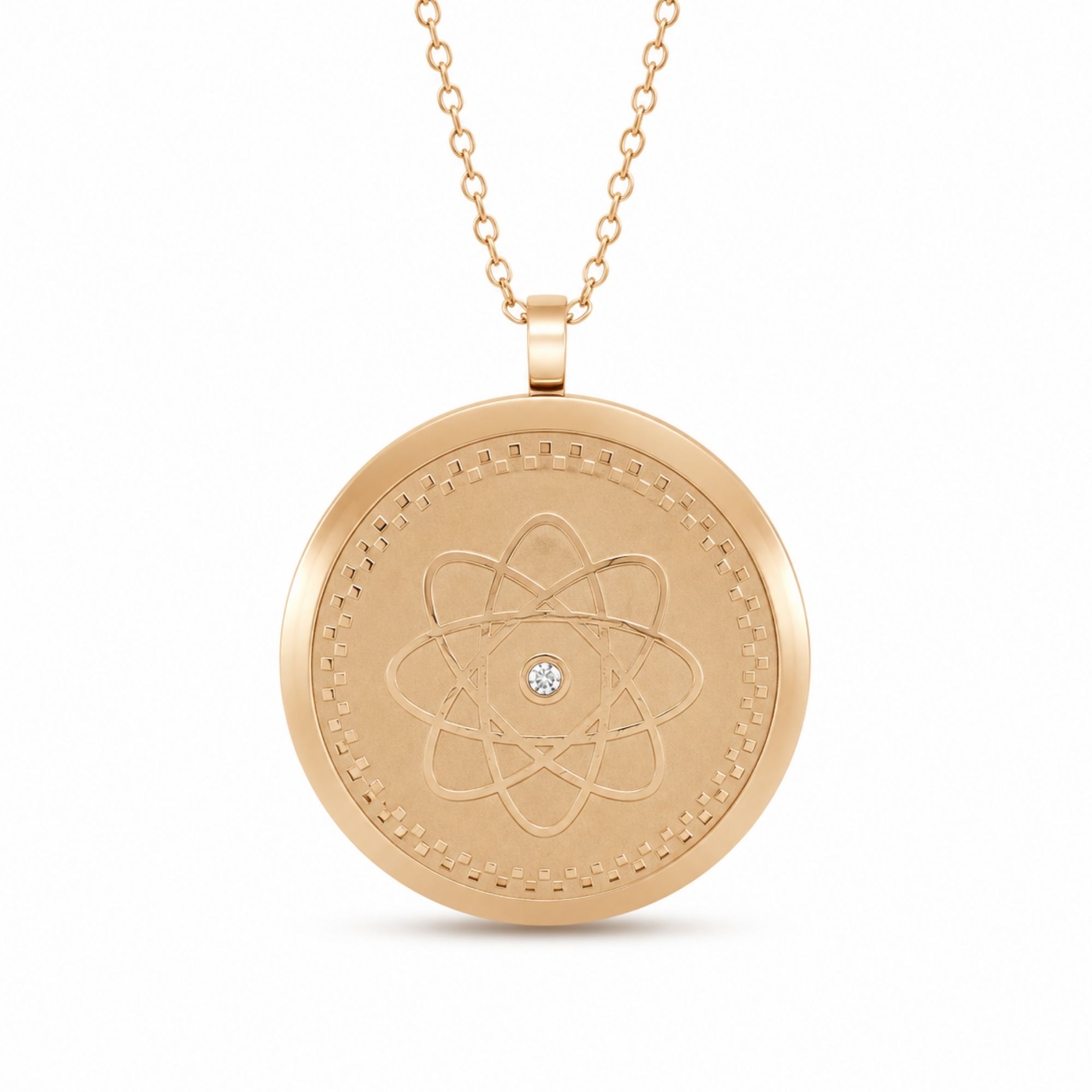 Front view of Gold Scalar Energy Pendant Necklace with crystal centerpiece and stainless steel chain