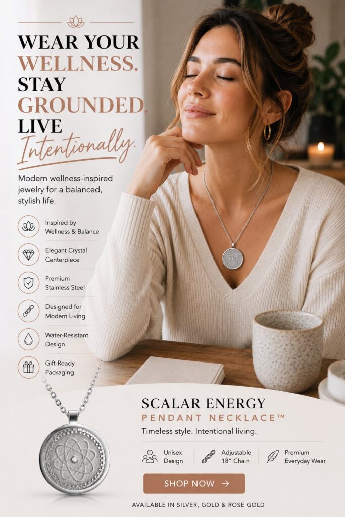 Woman wearing a modern wellness jewelry necklace designed for mindful living, balance, and stylish everyday wellness