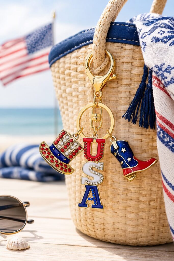 Patriotic bag charm with red white and blue charms displayed on a woven summer beach bag