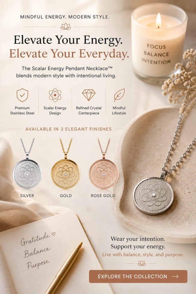 Luxury lifestyle image featuring the Scalar Energy Pendant Necklace collection in silver, gold, and rose gold for intentional living and modern wellness