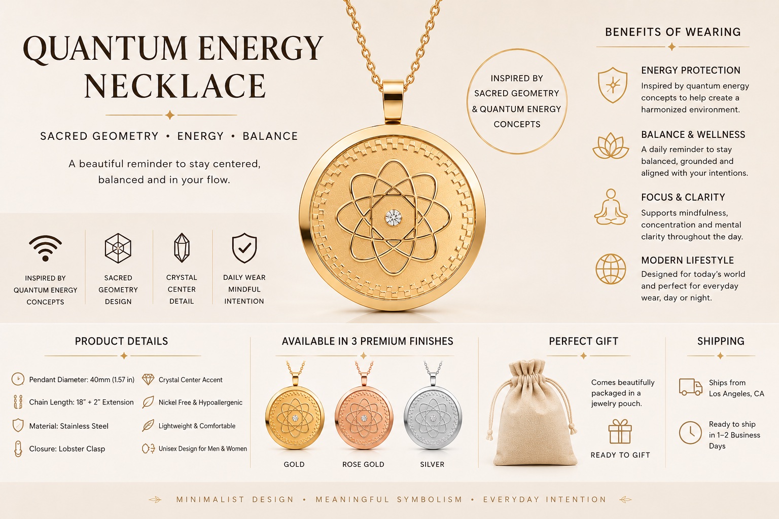 Scalar Energy Pendant Necklace infographic showing product benefits, specifications, gift packaging, and available finishes in gold, rose gold, and silver