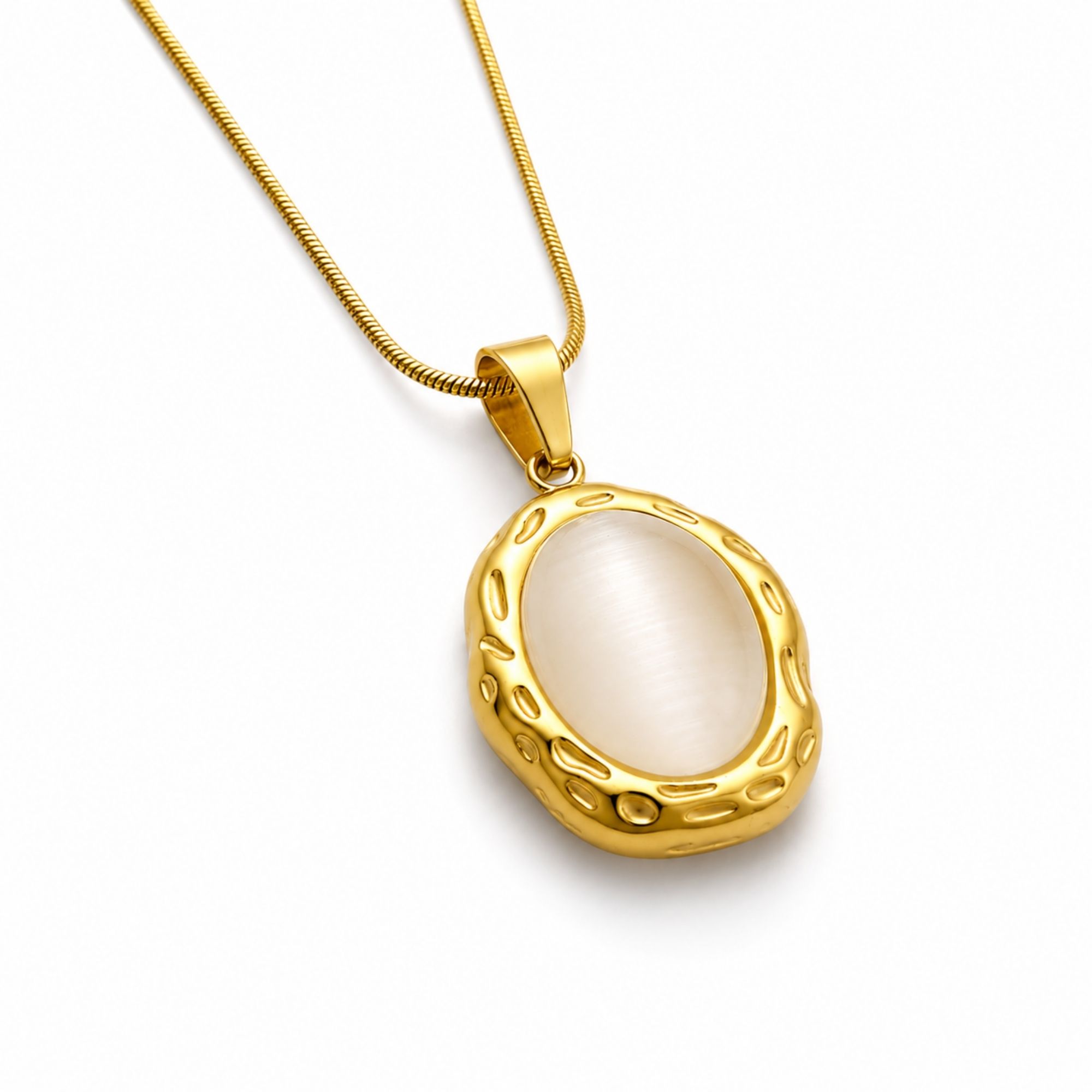 Waterproof Oval Opal Necklace in 18K Gold Plated Stainless Steel shown at an angled view