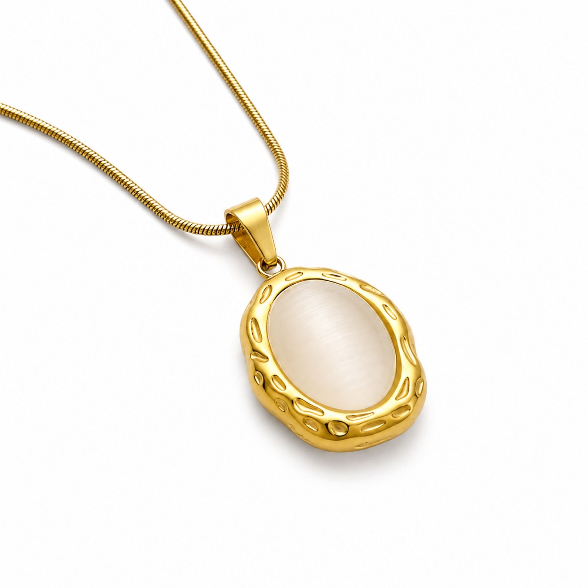 Close-up side angle of Waterproof Oval Opal Necklace in 18K Gold Plated Stainless Steel
